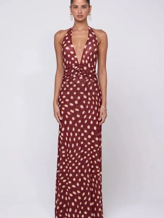 RESA Burgundy Halter Maxi with Cream Spot Print - Picture 1 of 4